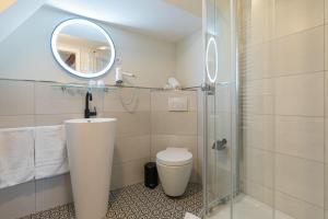 戈斯拉尔Altstadthotel Zur Börse的带淋浴、卫生间和镜子的浴室