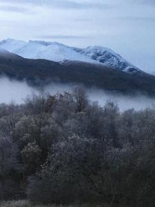 史宾桥Glas Beag的森林中间的雪覆盖的山