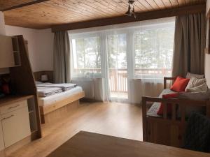 斯卡尔尼茨Karwendel-Lodge的客房设有床、沙发和窗户。