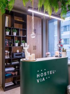 喀山VIA Hostel的绿色的柜台,上面有马雕像