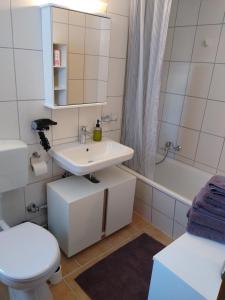 申瓦尔德Apartment 365 mit Sauna, Schwimmbad und Fitness的浴室配有盥洗盆、卫生间和浴缸。