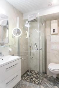 达姆施塔特Apart-1-OG-Nr2的带淋浴、盥洗盆和卫生间的浴室