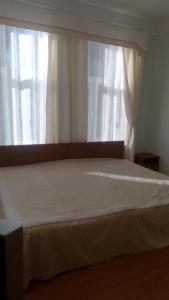 加格拉Бестужевский дворик的一间卧室配有一张带白色窗帘的窗户的床