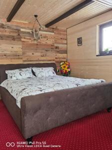 莫伊西德约斯Cabanuta din munti的木墙客房内的一张大床