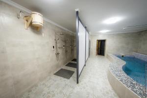 卡拉甘达AS Inn Hotel的一间带游泳池和步入式淋浴间的浴室