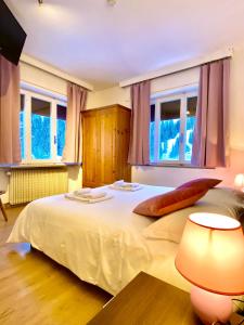 塞尔瓦迪卡多雷Hotel B&B Lorenzini Ski的卧室设有白色大床和窗户。