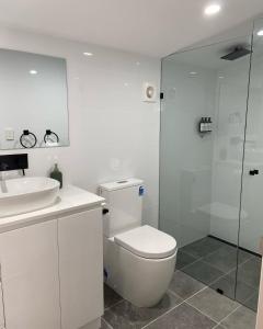 潘尼萧KI Seafront Holiday Park的浴室配有卫生间、盥洗盆和淋浴。