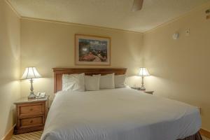 克雷斯特德比特Grand Lodge Condo in the Heart of Mt CB condo的一间卧室配有一张带两盏灯的大型白色床。