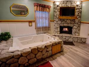 大熊湖凯西斯山林小屋的一个带石头壁炉的房间内的大浴缸