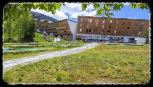 圣莫里斯堡les 3 marmottes - Les Arolles的校园,有大建筑和草地