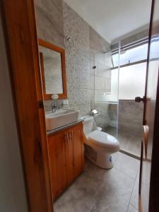 昆卡Hostal Morlaquita的一间带卫生间、水槽和镜子的浴室