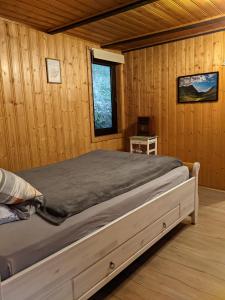 瓦尔德-米谢尔巴赫Waldnest Odenwald - Waldhauszimmer的小木屋内一间卧室,配有一张床
