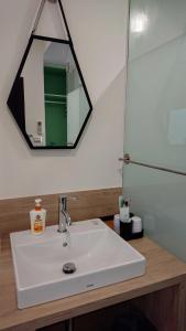 安平区胖蝸牛親子民宿的浴室设有白色水槽和镜子