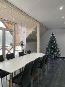 布克维Haya Villa的一间会议室,配有圣诞树和桌椅