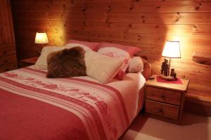 圣福瓦-塔朗泰斯Chez Michel的一间卧室配有一张带枕头的床和两盏灯。