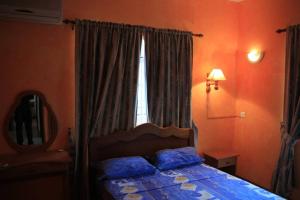 拉戈莱特Villa Palmistes Apartment的一间卧室设有一张床和一个窗口