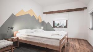 耶莱尼亚古拉Przystanek Czarne的一间卧室设有一张带几何墙的大床