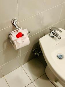 拉奎拉Hotel Cristallo Gran Sasso的浴室设有马桶和红色玫瑰花饮水机
