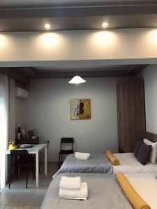 科扎尼Xenia_Apartments A7的一间卧室配有两张床、一张桌子和一张桌子