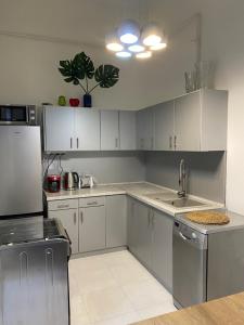 布达佩斯Allomas Apartman的厨房配有白色橱柜和不锈钢用具