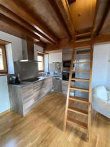 陶尔Dúplex amb altell de luxe + parking (Taüll)的一间厨房,内设一张双层床和一把梯子
