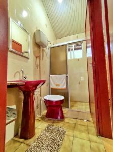 弗洛里亚诺波利斯Suíte Rústica的一间带红色卫生间和水槽的浴室