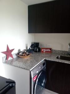 埃雷迪亚Lovely Apartment near Costa Rica airport的厨房配有洗衣机,位于柜台上