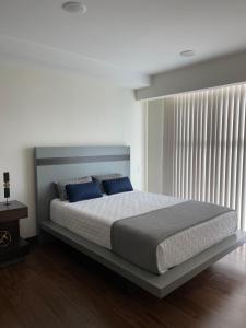 埃雷迪亚Lovely Apartment near Costa Rica airport的一间卧室配有一张带蓝色枕头的大床