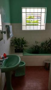 南卡希亚斯Casarão das Figueiras的浴室配有绿色水槽和浴缸。