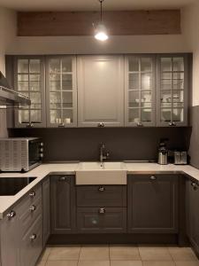 卡瓦莱塞Crystal House的厨房配有灰色橱柜和白色水槽