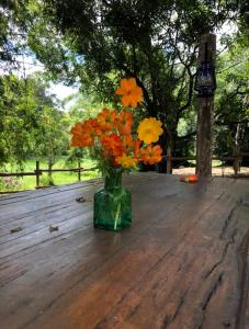 康赛瓦托利亚Vivenda dos Guaranys: casa + loft的木桌上满是橙黄色花的花瓶