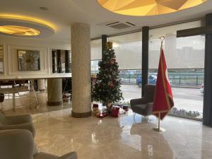 伯萨Le Luxe Suites Hotel & Spa的大楼大厅的圣诞树
