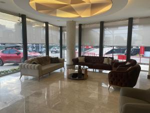 伯萨Le Luxe Suites Hotel & Spa的带沙发和吊灯的客厅