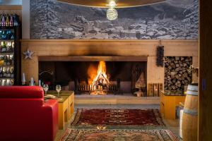 蓬泰迪莱尼奥贾尼佩格拉酒店的客厅设有壁炉和红色沙发。