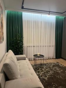 捷尔诺波尔Апартаменти в центрі Тернополя的客厅配有白色沙发和绿色窗帘