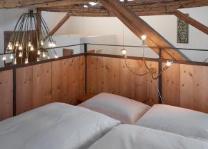 圣玛利亚瓦尔姆斯塔尔Stalla d' Immez的一间卧室配有两张床和吊灯。