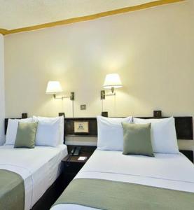 贾拉普米西翁哈拉帕拉斯公约广场酒店的两张床位于带两盏挂在墙上的灯的房间