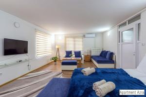 图兹拉Pansion Beg的一间卧室配有蓝色的床和电视