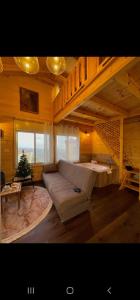 迈季代勒舍姆斯Vida Bhermon 1, one wood Cabin的带沙发和圣诞树的客厅
