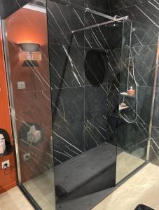 科隆别索尼约Studio Cosy tt confort proche aéroport的浴室里设有玻璃门淋浴