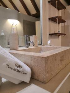 奥尔沃克斯岛Tierra del Mar Hotel - Adults Only的一个带镜子的浴室内一个大石头水槽