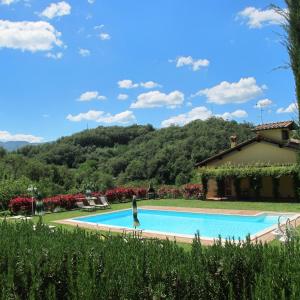 圣焦万尼瓦尔达尔诺Agriturismo Podere Filicaia的一个游泳池,一个女人站在房子前面