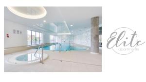 格但斯克Elite Apartments Waterlane Free Swimming Pool Access的一间带两个爵士乐和一个游泳池的浴室