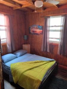 CalibishieMx2 Cottage的一间卧室配有一张带黄色床单和窗户的床。