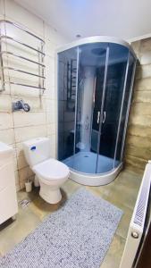 亚布卢尼齐亚Бо&Не的一间带卫生间和玻璃淋浴间的浴室