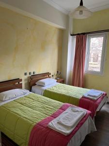 DistomoHotel Koutriaris的酒店客房设有两张床和窗户。