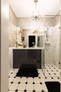 埃尔布隆格Bea Home Elblag - dwie sypialnie的带淋浴、水槽和吊灯的浴室