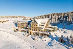 什平德莱鲁夫姆林圣弗朗蒂舍克度假胜地 - 俄里拜科夫布达酒店的雪中小屋的空中景观