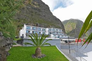 圣维森特Calamar Hotel的山前有棕榈树的酒店