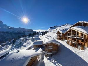 福勒恩Vue panoramique sur les montagnes plein Sud - T2 Skis aux pieds, Piscine & Spa的滑雪小屋的雪盖屋顶
